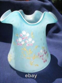 Victorian Blue Mother Of Pearl Raindrop Art Glass Vase Enamel Gold & Pink Posy