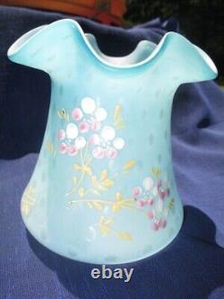 Victorian Blue Mother Of Pearl Raindrop Art Glass Vase Enamel Gold & Pink Posy