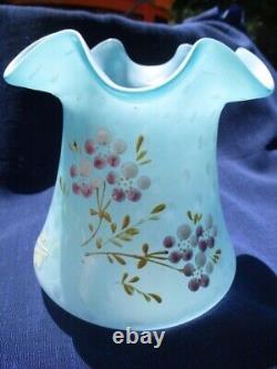 Victorian Blue Mother Of Pearl Raindrop Art Glass Vase Enamel Gold & Pink Posy