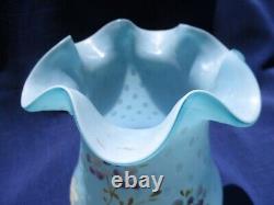 Victorian Blue Mother Of Pearl Raindrop Art Glass Vase Enamel Gold & Pink Posy