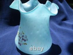 Victorian Blue Mother Of Pearl Raindrop Art Glass Vase Enamel Gold & Pink Posy