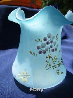 Victorian Blue Mother Of Pearl Raindrop Art Glass Vase Enamel Gold & Pink Posy