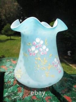 Victorian Blue Mother Of Pearl Raindrop Art Glass Vase Enamel Gold & Pink Posy