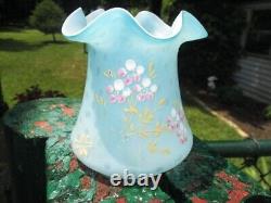 Victorian Blue Mother Of Pearl Raindrop Art Glass Vase Enamel Gold & Pink Posy