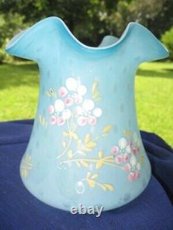 Victorian Blue Mother Of Pearl Raindrop Art Glass Vase Enamel Gold & Pink Posy