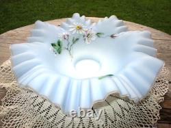 Victorian Blue Satin Glass Bride's Basket Bowl Hand Enamel Clematis Wavy Ruffle