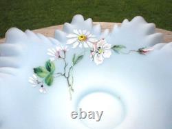 Victorian Blue Satin Glass Bride's Basket Bowl Hand Enamel Clematis Wavy Ruffle