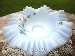 Victorian Blue Satin Glass Bride's Basket Bowl Hand Enamel Clematis Wavy Ruffle