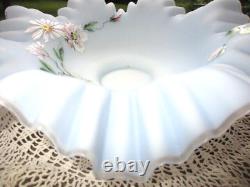 Victorian Blue Satin Glass Bride's Basket Bowl Hand Enamel Clematis Wavy Ruffle