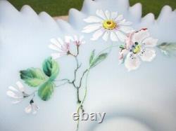 Victorian Blue Satin Glass Bride's Basket Bowl Hand Enamel Clematis Wavy Ruffle