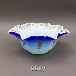 Victorian Blue Satin Hand Painted Gold Gilt Floral Art Glass Brides Bowl 10 1/2 Victorian Blue Satin Hand Painted Gold Gilt Floral Art Glass Brides Bowl 10 1/2