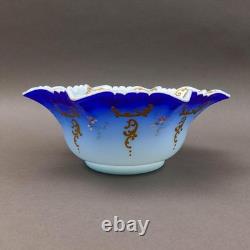 Victorian Blue Satin Hand Painted Gold Gilt Floral Art Glass Brides Bowl 10 1/2 Victorian Blue Satin Hand Painted Gold Gilt Floral Art Glass Brides Bowl 10 1/2