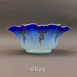 Victorian Blue Satin Hand Painted Gold Gilt Floral Art Glass Brides Bowl 10 1/2 Victorian Blue Satin Hand Painted Gold Gilt Floral Art Glass Brides Bowl 10 1/2