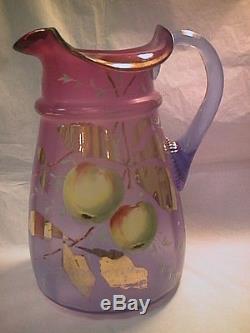 Victorian Bluerina Pitcher 9 1/4 Tall W. 2 Tumblers Handpainted Reduced
