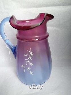 Victorian Bluerina Pitcher 9 1/4 Tall W. 2 Tumblers Handpainted Reduced