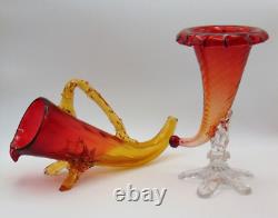 Victorian Bohemian AMBERINA Coin Dot & Applied Art Glass Horn Wine Vessel / Vase