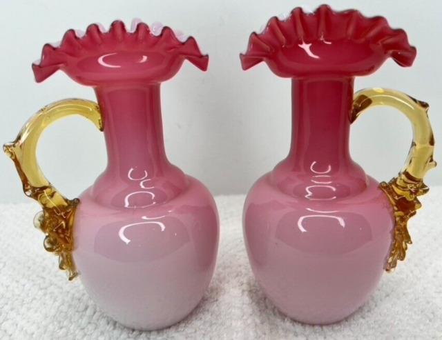 Victorian Bohemian Art Cased Glass Pink Glossy Beachblow Style Ewers (set Of 2)
