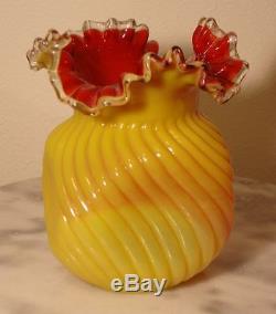 Victorian Bohemian Art Glass Vase Opaque Yellow Swirl Rib Optic Ruby Lined