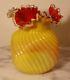 Victorian Bohemian Art Glass Vase Opaque Yellow Swirl Rib Optic Ruby Lined