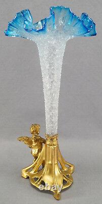 Victorian Bohemian Art Nouveau Gilt Ormolu Cherub Base Blue Overshot Glass Vase