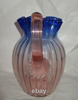 Victorian Bohemian BLUERINA Glass Pitcher Ribbed w Reeded Handle & Ruffled Rim