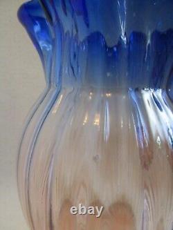 Victorian Bohemian BLUERINA Glass Pitcher Ribbed w Reeded Handle & Ruffled Rim