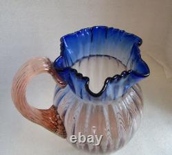 Victorian Bohemian BLUERINA Glass Pitcher Ribbed w Reeded Handle & Ruffled Rim