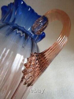 Victorian Bohemian BLUERINA Glass Pitcher Ribbed w Reeded Handle & Ruffled Rim