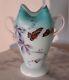Victorian Bohemian Blue Overlay Satin Vase With 2 Side Handles Butterfly Decor