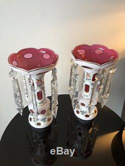Victorian Bohemian Cased Glass Cut to Cranberry Vase Mantle Lusters with Prisms