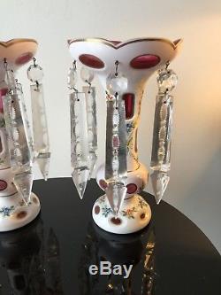 Victorian Bohemian Cased Glass Cut to Cranberry Vase Mantle Lusters with Prisms