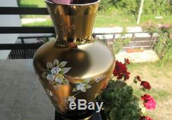 Victorian Bohemian Cranberry Glass Gold&enamel Painted Flowers Vase Urn 9