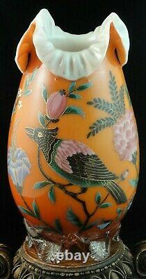 Victorian Bohemian Harrach / Riedel Hand Painted Bird & Floral Art Glass Vase