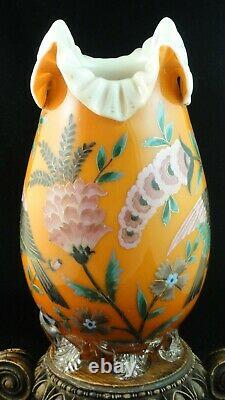 Victorian Bohemian Harrach / Riedel Hand Painted Bird & Floral Art Glass Vase