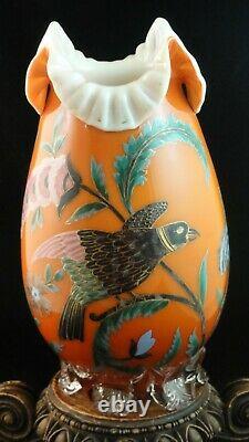 Victorian Bohemian Harrach / Riedel Hand Painted Bird & Floral Art Glass Vase