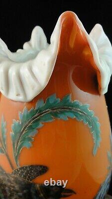 Victorian Bohemian Harrach / Riedel Hand Painted Bird & Floral Art Glass Vase