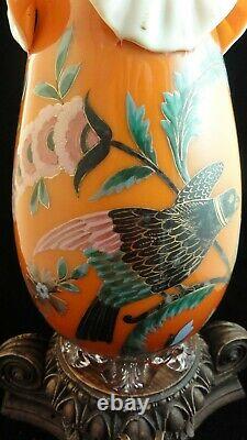 Victorian Bohemian Harrach / Riedel Hand Painted Bird & Floral Art Glass Vase