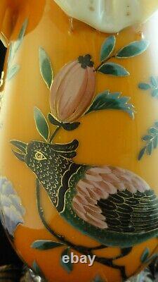 Victorian Bohemian Harrach / Riedel Hand Painted Bird & Floral Art Glass Vase