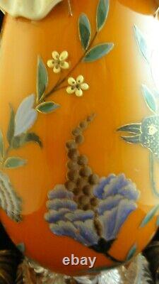 Victorian Bohemian Harrach / Riedel Hand Painted Bird & Floral Art Glass Vase