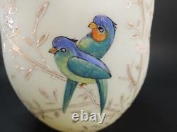 Victorian Bohemian Harrach Vaseline Hand Painted Birds Floral Enamel Glass Vase