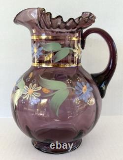 Victorian Bohemian Purple Art Glass Pitcher Enameled Hand Painted Flowers