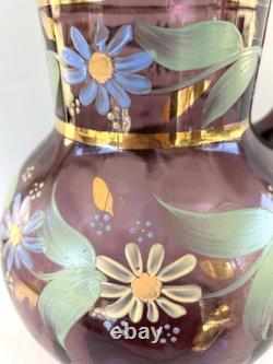 Victorian Bohemian Purple Art Glass Pitcher Enameled Hand Painted Flowers