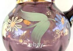 Victorian Bohemian Purple Art Glass Pitcher Enameled Hand Painted Flowers