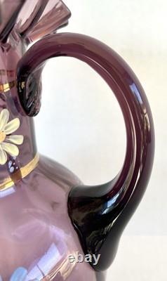 Victorian Bohemian Purple Art Glass Pitcher Enameled Hand Painted Flowers