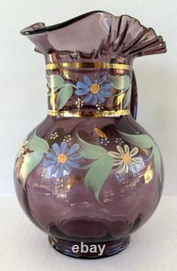 Victorian Bohemian Purple Art Glass Pitcher Enameled Hand Painted Flowers