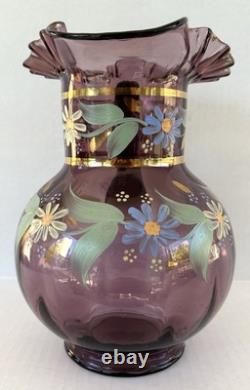 Victorian Bohemian Purple Art Glass Pitcher Enameled Hand Painted Flowers