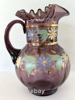 Victorian Bohemian Purple Art Glass Pitcher Enameled Hand Painted Flowers
