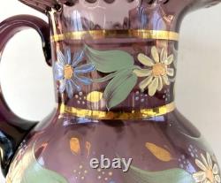 Victorian Bohemian Purple Art Glass Pitcher Enameled Hand Painted Flowers