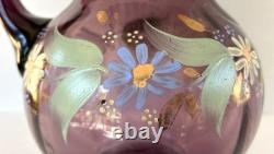 Victorian Bohemian Purple Art Glass Pitcher Enameled Hand Painted Flowers