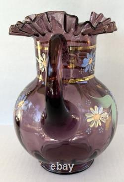 Victorian Bohemian Purple Art Glass Pitcher Enameled Hand Painted Flowers